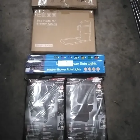 PALLET OF HOUSEHOLD ITEMS TO INCLUDE METEOR SHOWER RAIN LIGHTS,SEAT PROTECTORS,BED RAIL FOR ELDERLY,PET CARRIER AND OTHER ASSORTED ITEMS...