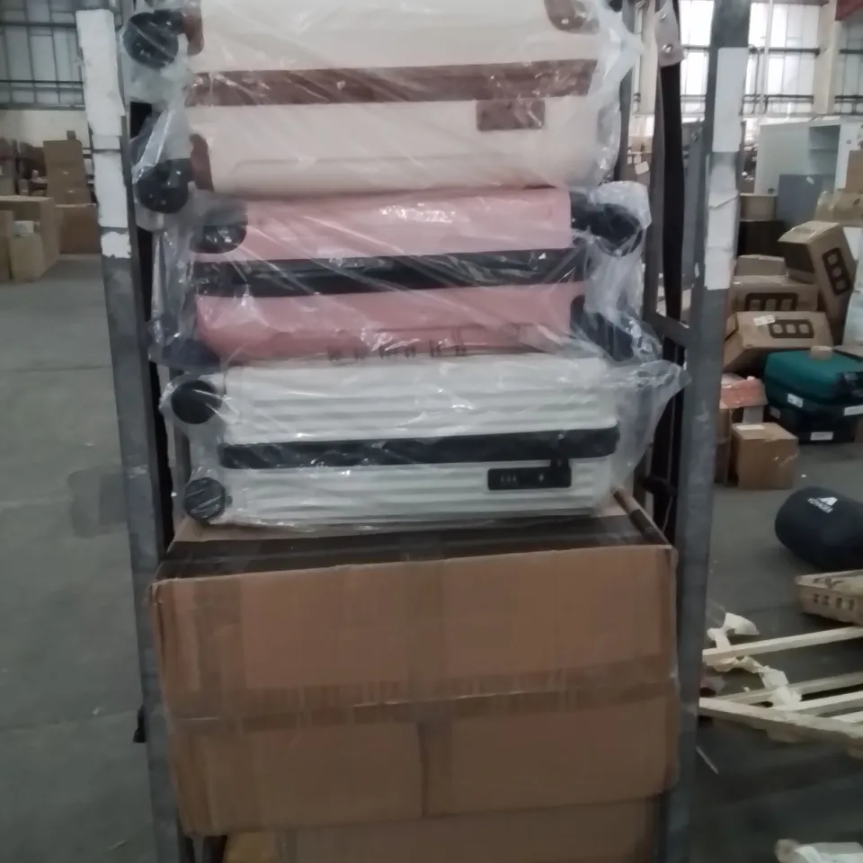 CAGE OF ASSORTED HOUSEHOLD GOODS AND PRODUCTS TO INCLUDE;TRAVEL CABIN BAGS,32INCH SUITCASE,28INCH SUITCASE 