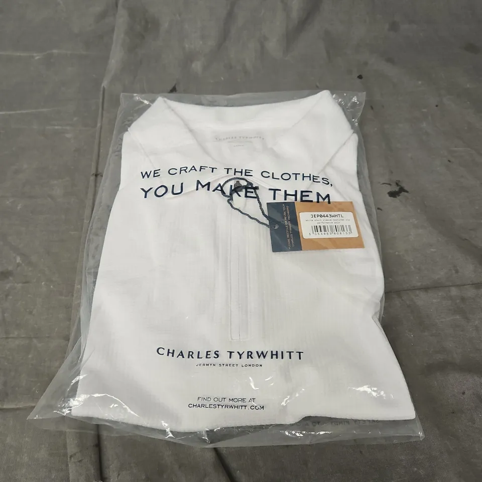 CHARLES TYRWHITT SHORT SLEEVE TEXTURED ZIP PERFORMANCE POLO IN WHITE SIZE L