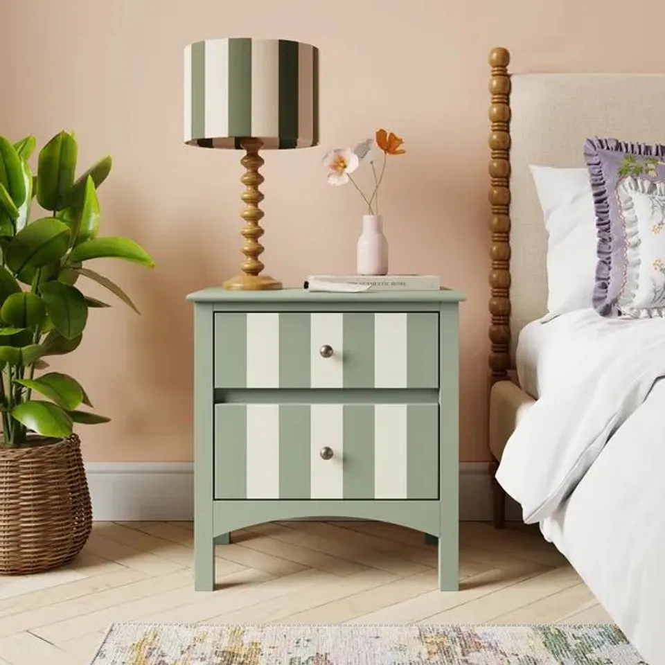 BOXED BEATRICE WIDE 2 DRAWER BEDSIDE TABLE - SAGE GREEN (1 BOX)