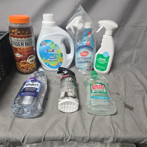 APPROXIMATELY 10 ASSORTED HOUSEHOLD CLEANING PRODUCTS WITH PLASTIC CONTAINER OF TIGER NUTS