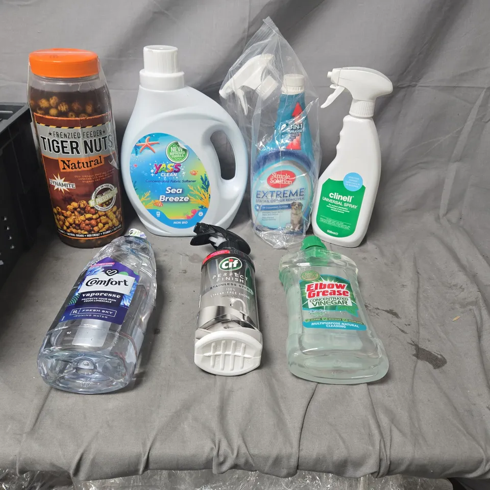 APPROXIMATELY 10 ASSORTED HOUSEHOLD CLEANING PRODUCTS WITH PLASTIC CONTAINER OF TIGER NUTS