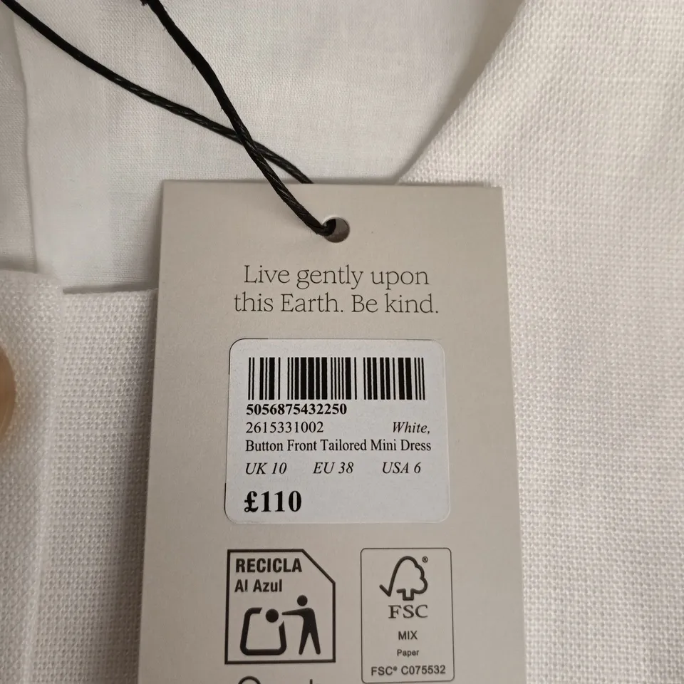 NOBODY'S CHILD WHITE BUTTON-FRONT TAILORED MINI DRESS – UK 10 (EU 38, USA 6)