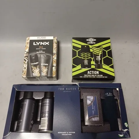 LOT OF 3 ASSORTED COSMETIC BOXSETS TO INCLUDE - TED BAKER BERGAMONT & VETIVER COLLECTION - UMBRO TOILETRY DUO - LYNX GOLD BODY COLLECTION