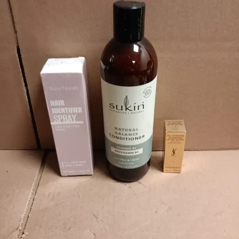 APPROXIMATEY 20 ASSORTED HEALTH AND BEAUTY PRODUCTS TO INCLUDE YVES SAINT LAURENT LIP PLUMPING GLOSS, SUKIN CONDITIONER, WEST MONTH HAIR IDENTIFIER SPRAY ETC