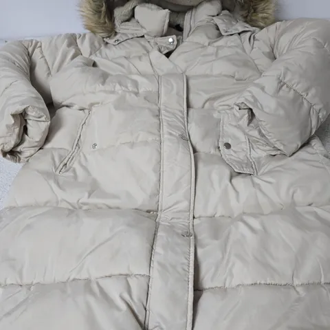NEW LOOK LONGLINE PUFFER JACKET WITH FUR HOOD, CREAM - SIZE UK 18 