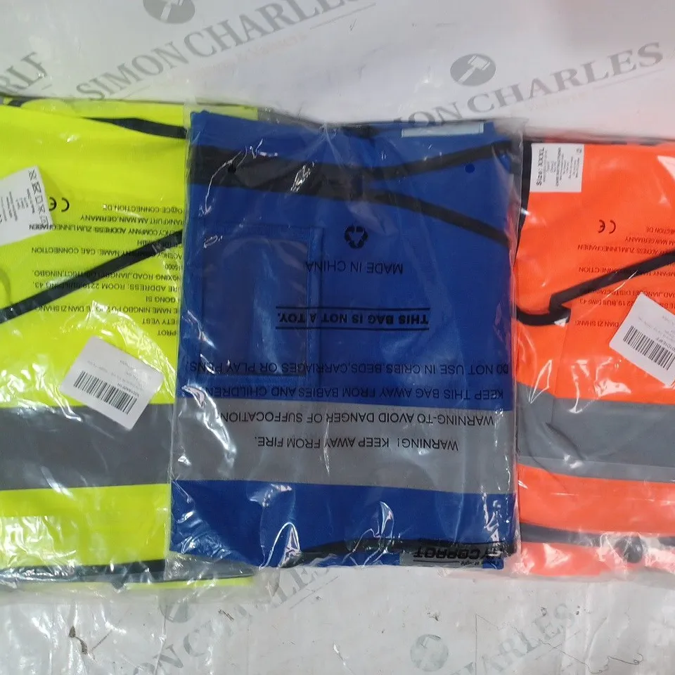 APPROXIMATELY 5 ASSORTED HI-VIS SAFETY VESTS IN VARIOUS COLOURS AND SIZES