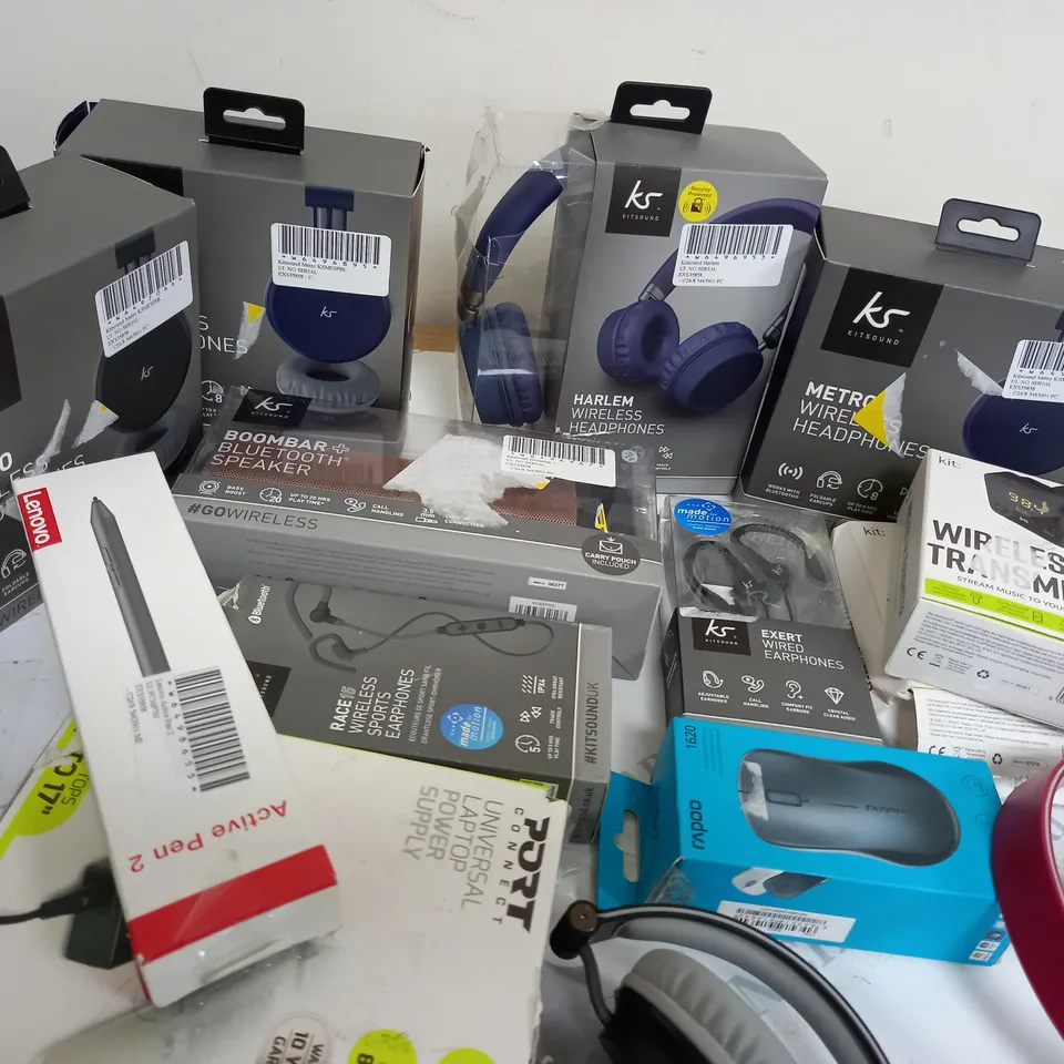 APPRROXIMETELY 14 ASSORTED ELECTRICAL ITEMS INCLUDING KITSOUND HEADPHONES, WIRELESS FM TRANSMITTER AND RAPOO WIRELESS MOUSE
