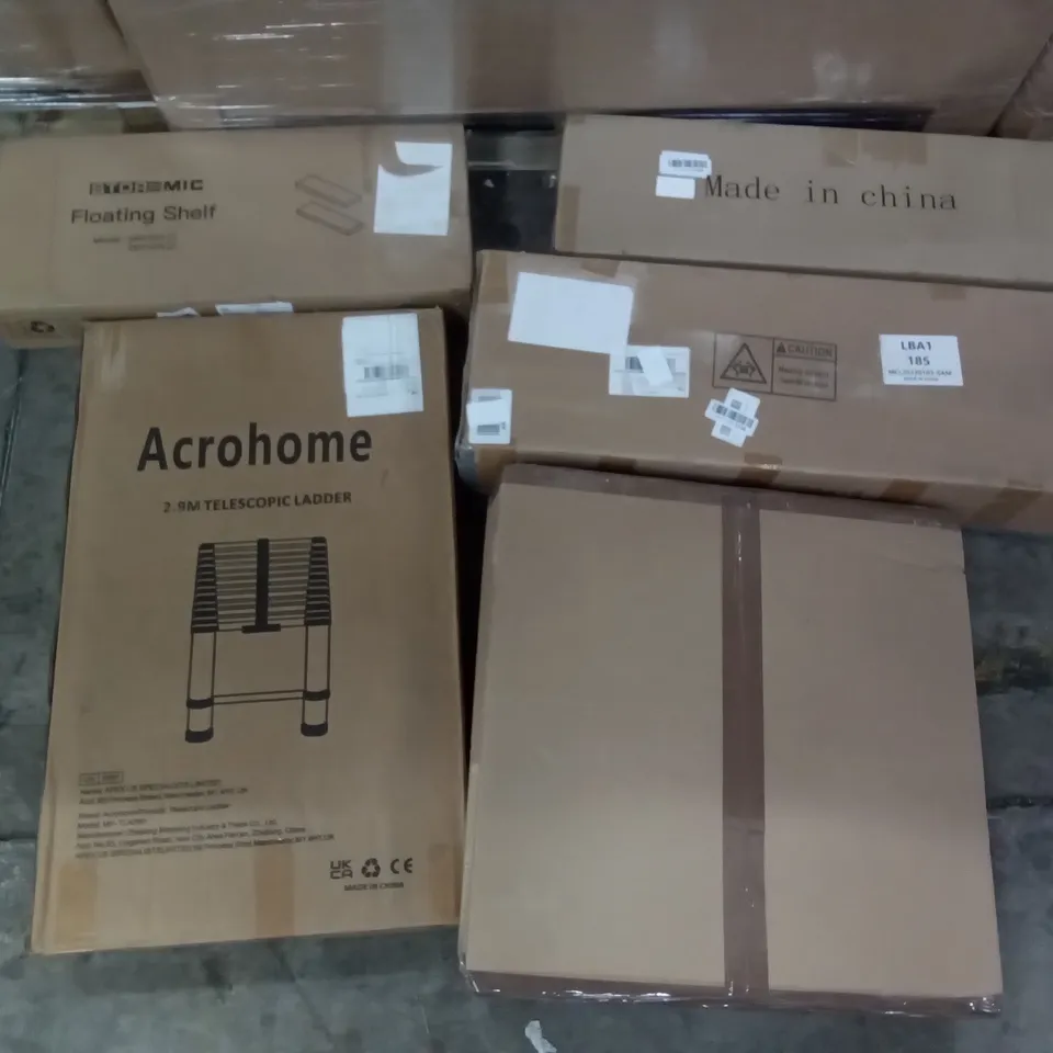 PALLET OF ASSORTED ITEMS INCLUDING STOREMIC FLOATING SHELF, ACROHOME TELESCOPIC LADDER, LED CEILING LIGHT, ASPECT DELUXE 3-TIER CLOTHES AIRER