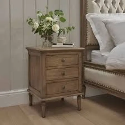 BRAND NEW BOXED SERENITY ANTIQUE FRENCH STYLE 3 DRAWER BEDSIDE TABLE - NATURAL