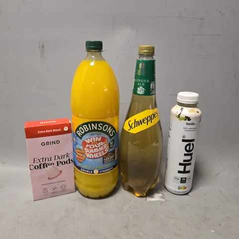 TOTE OF APPROXIMATELY 6 ASSORTED DRINKS ITEMS TO INCLUDE - HUEL VANILLA , GRIND COFFEE PODS , ROBINSONS PINEAPPLE & ORANGE ETC