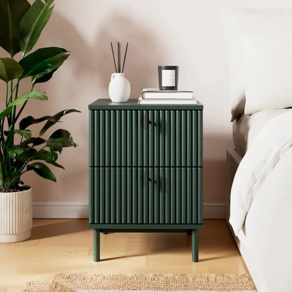 BOXED ELSIE 2 DRAWER BEDSIDE TABLE - BOTTLE GREEN (1 BOX)