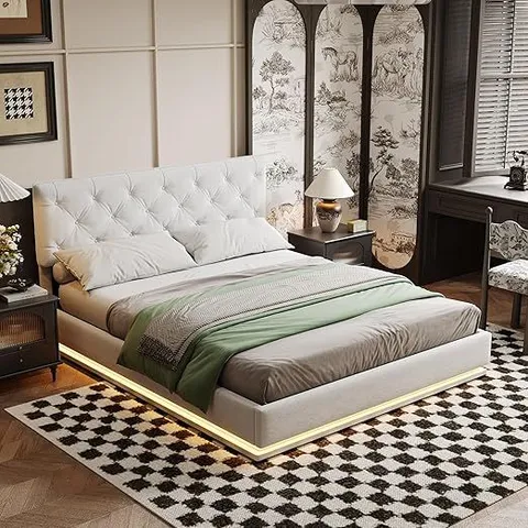 BOXED UPHOLSTERED BED WITH LED LIGHTS - BEIGE (2 BOXES)