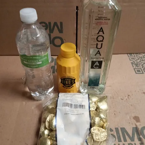 APPROXIMATELY 10 ASSORTED FOOD/DRINK PRODUCTS TO INCLUDE DINO'S MUSTARD, SPRING WATER, AQUA WATER ETC