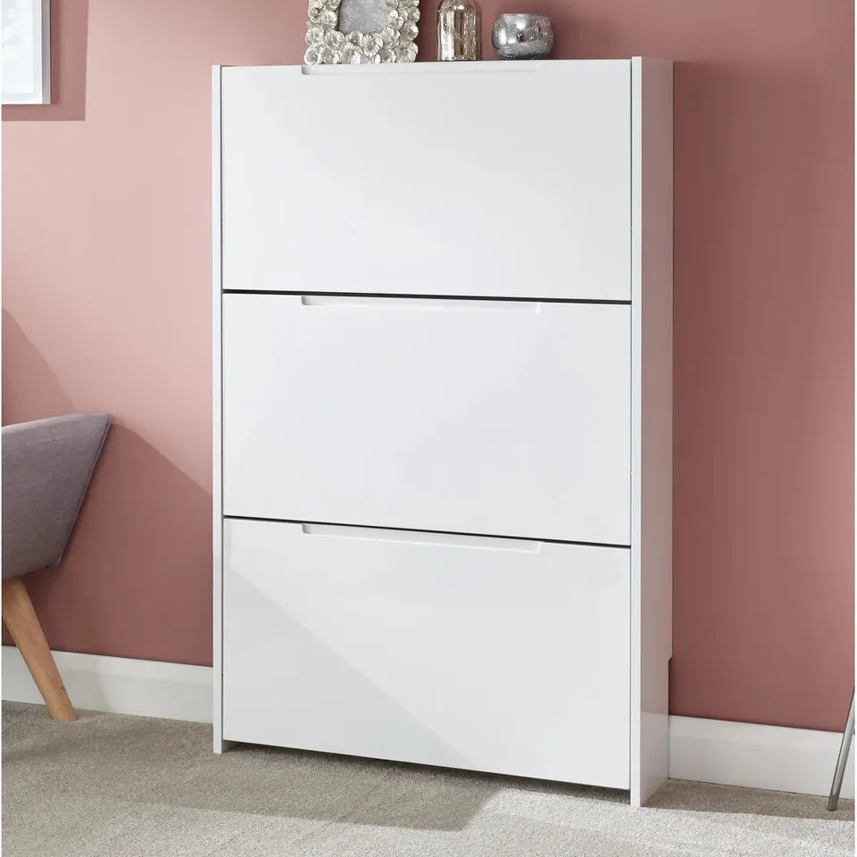 BOXED NARROW HIGH GLOSS 9 PAIR FLIP DOWN SHOE STORAGE - WHITE (1 BOX)