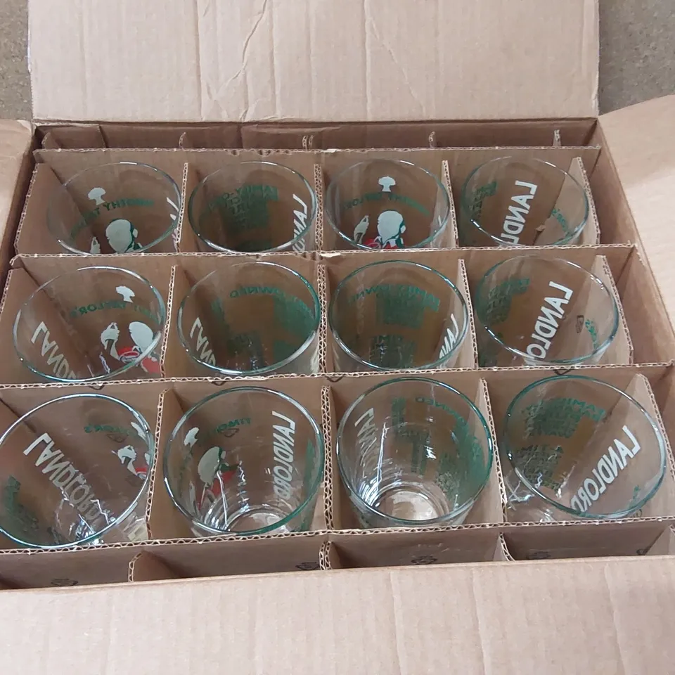 BOX OF APPROXIMATELY 12x TIMOTHY TAYLOR'S PINT GLASSES