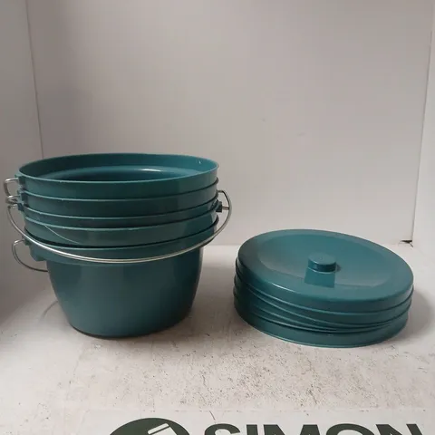 TEAL SET OF 5 STACKABLE PLASTIC BUCKETS WITH LIDS