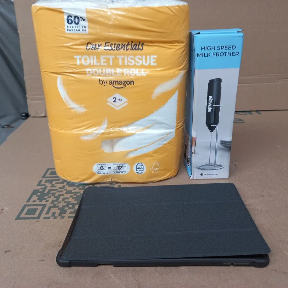 BOX OF APPROXIMATELY 20 ASSORTED ITEMS TO INCLUDE AMAZON TOILET TISSUE, ELEVATE MILK FROTHER, TABLET HOLDER ETC