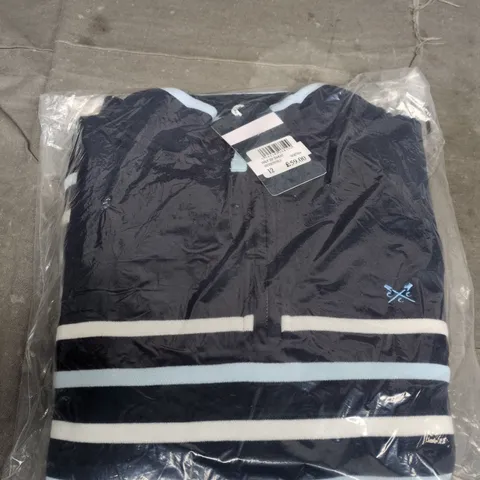 CREW CLOTHING COMPANY HALF ZIP SWEATSHIRT – NAVY WITH WHITE & LIGHT BLUE STRIPE, UK 12