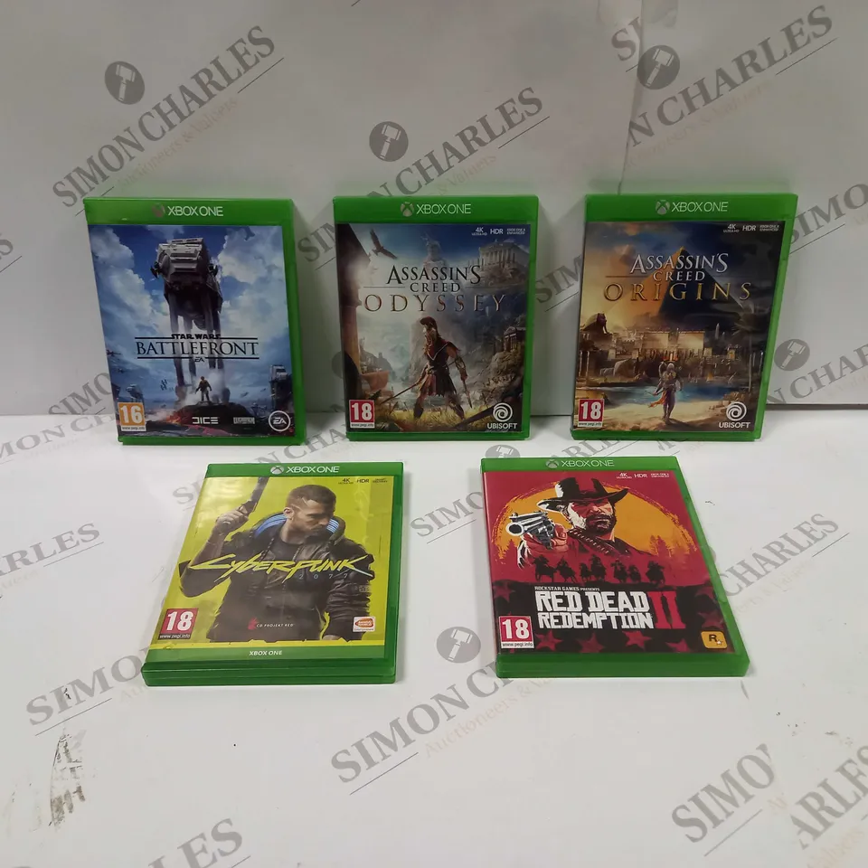 5 X ASSORTED VIDEO GAMES FOR THE XBOX ONE. INCLUDES RED DEAD REDEMPTION 2, ASSASSINS CREED, CYBERPUNK ETC 