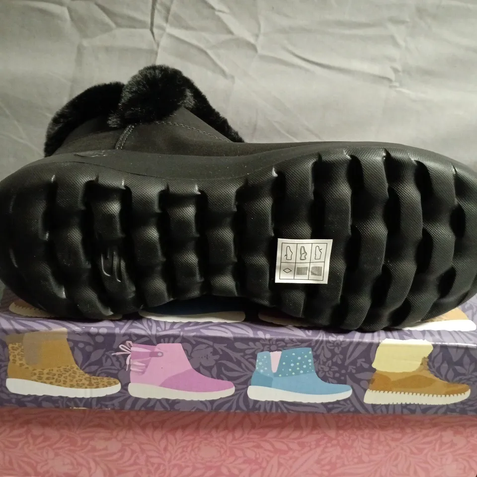 BOXED PAIR OF SKECHERS BLACK FUR-TRIM ANKLE BOOTS – UK SIZE 5