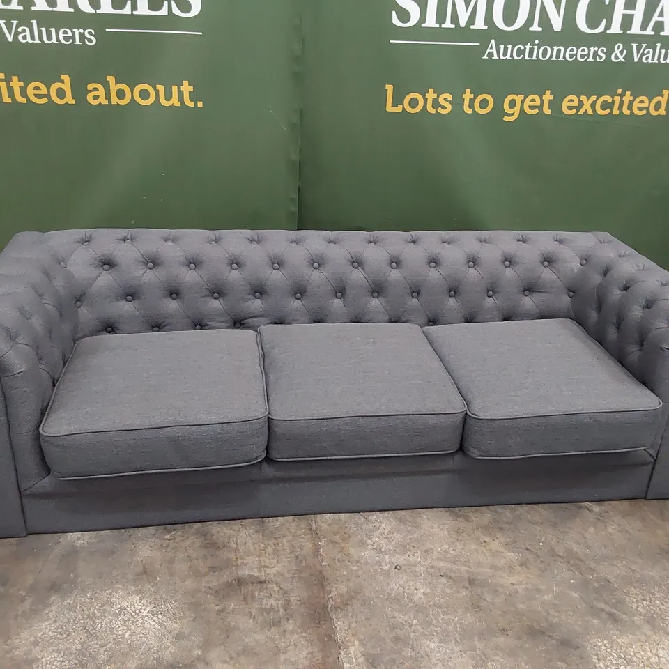 DESIGNER GREY FABRIC 3 SEATER CHESTERFIELD SOFA