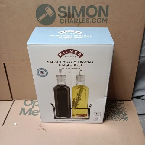 KILNER SET OF 2 GLASS OIL BOTTLES & METAL RACK – 0.6 L / 20 US FL OZ