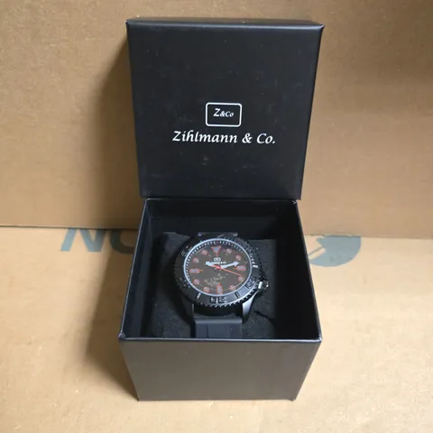 ZIHLMANN & CO STAINLESS STEEL WATCH WITH BLACK FACE & BLACK RUBBER STRAP