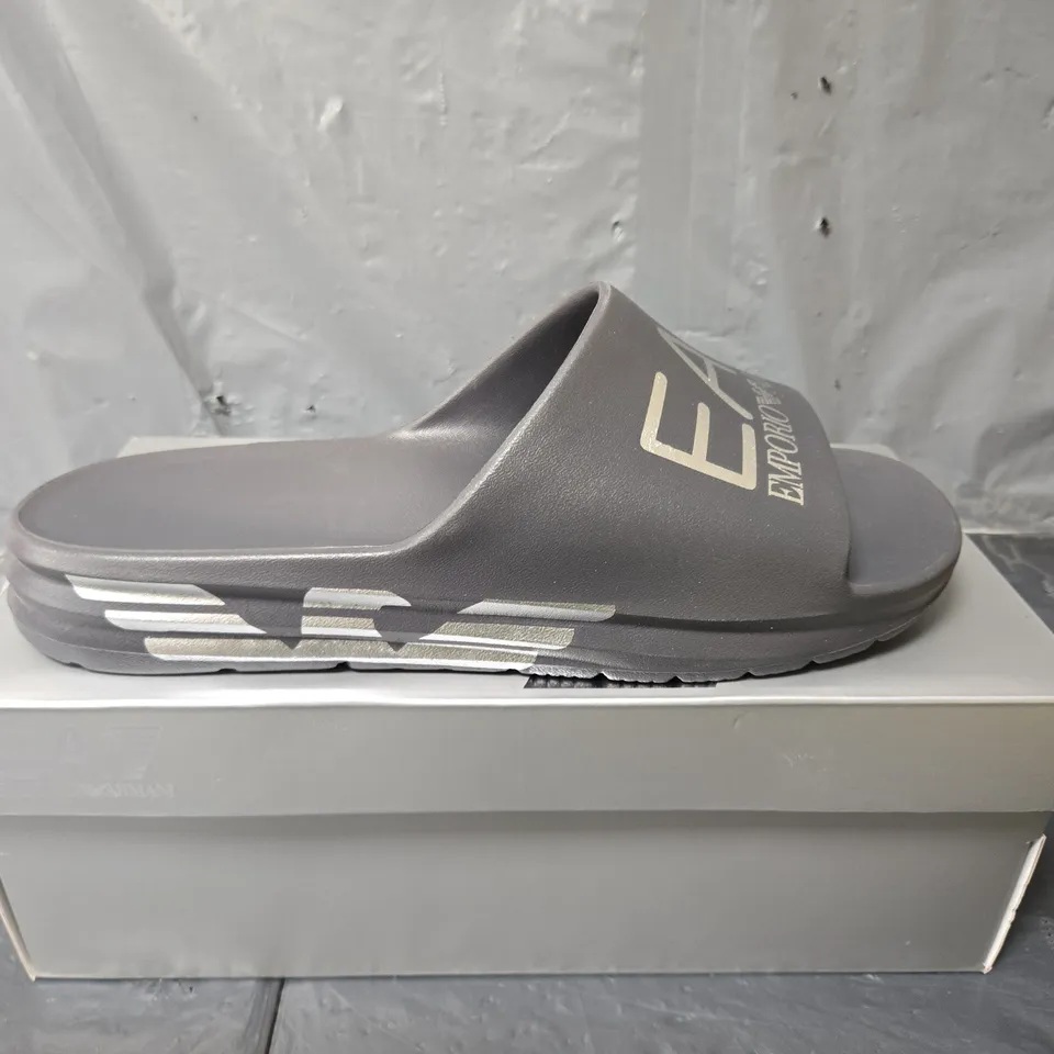 BOXED PAIR OF EMPORIO ARMANI SLIDES IN GREY - SIZE 43