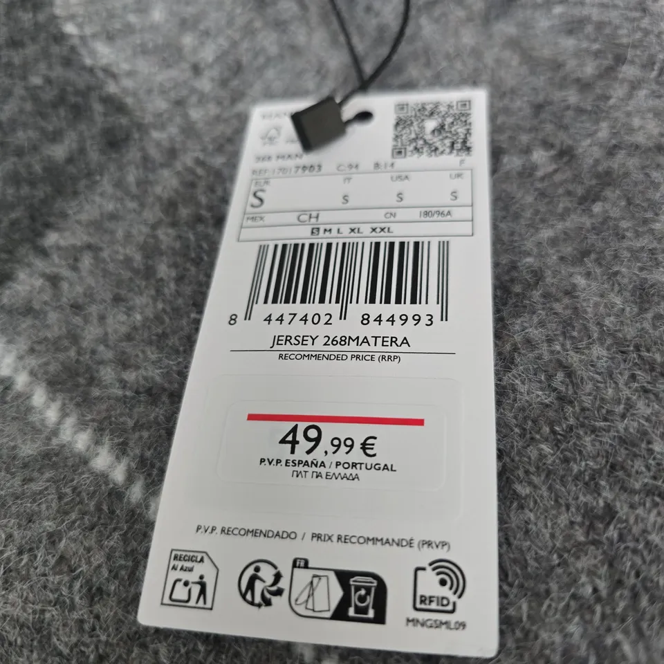 MANGO GREY JERSEY KNIT JUMPER WITH ARGYLE PATTERN – SIZE S