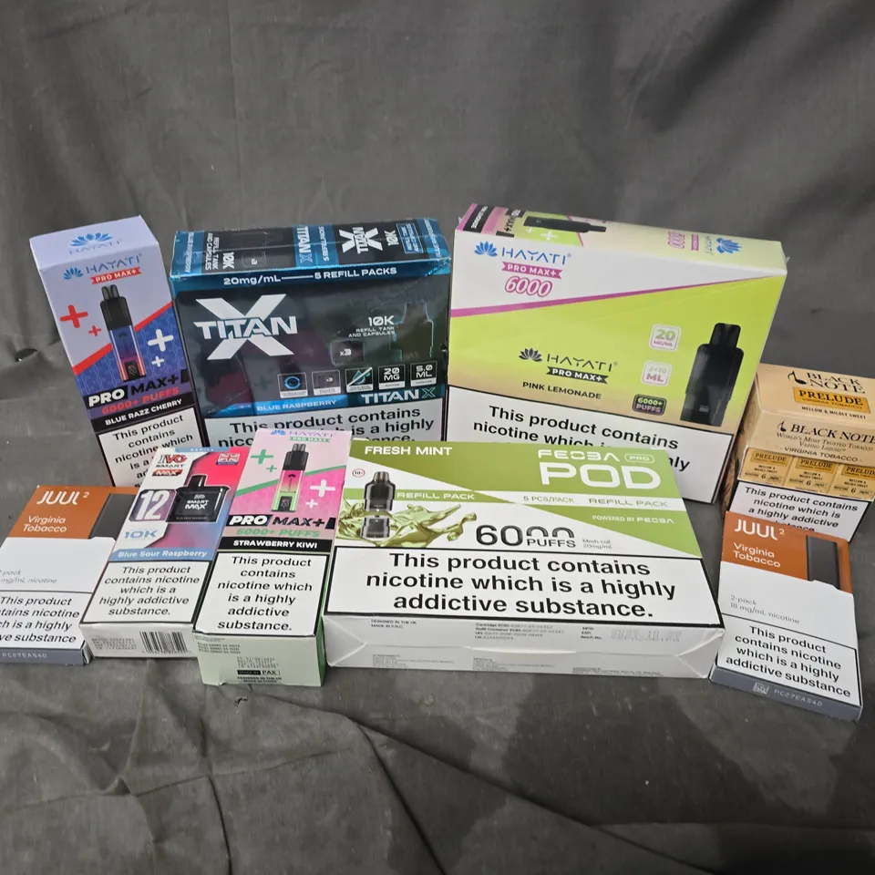 APPROXIMATELY 20 ASSORTED E-CIGARETTE PRODUCTS TO INCLUDE BRANDS SUCH AS TITAN HAYATI, JUUL2, ETC - COLLECTION ONLY