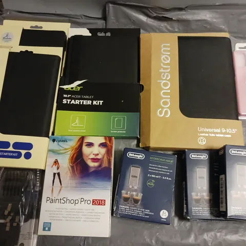 LOT OF ASSORTED ITEMS TO INCLUDE TABLET CASES, DELONGHI DESCALERS, FILLED CUSHIONS AND INK CARTRIDGES