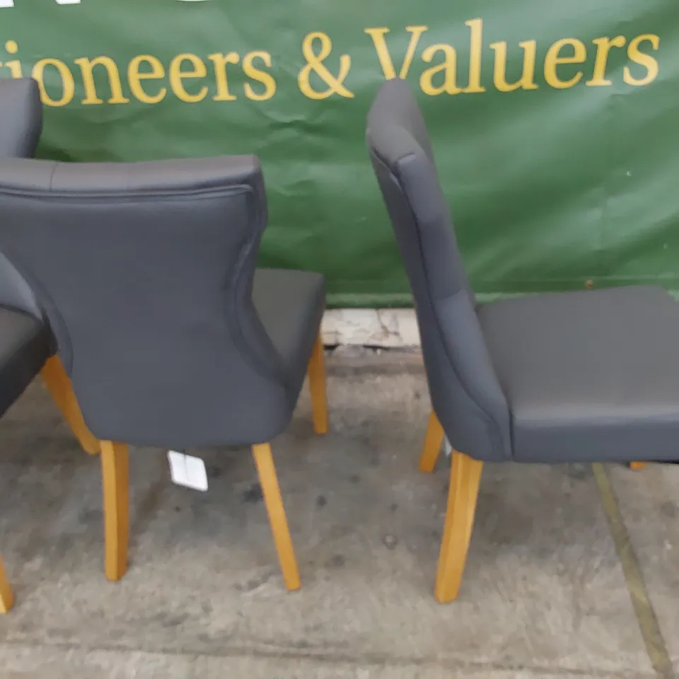 SET OF FOUR UPHOLSTERED BUTTONED BACK DINING CHAIRS CHARCOAL PU ON NATURAL WOOD LEGS 