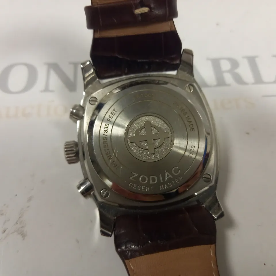 ZODIAC DESERT MASTER STAINLESS STEEL BODIED WATCH WITH BROWN LEATHER STRAP