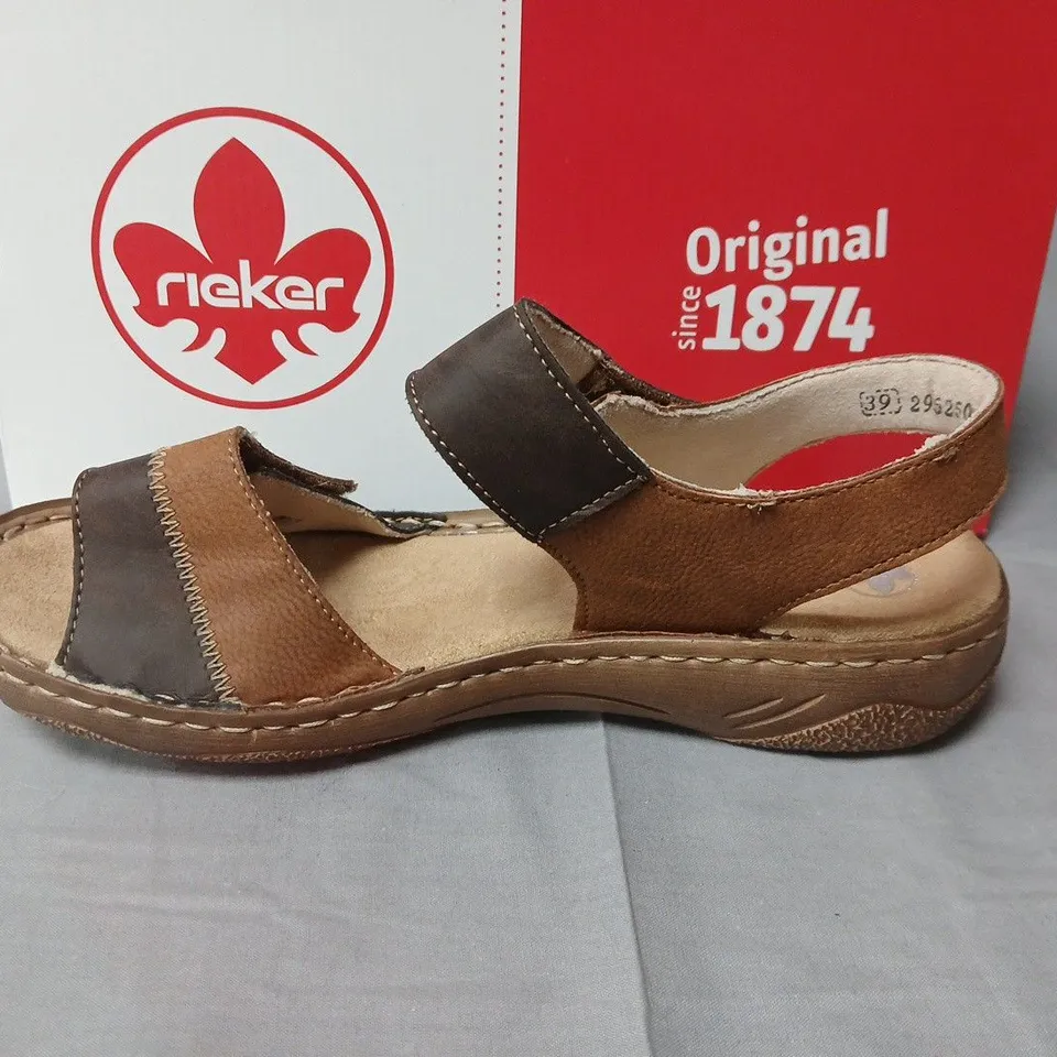 BOXED PAIR OF RIEKER WOMEN'S DOUBLE STRAP SANDALS IN BROWN/TAN - UK 6