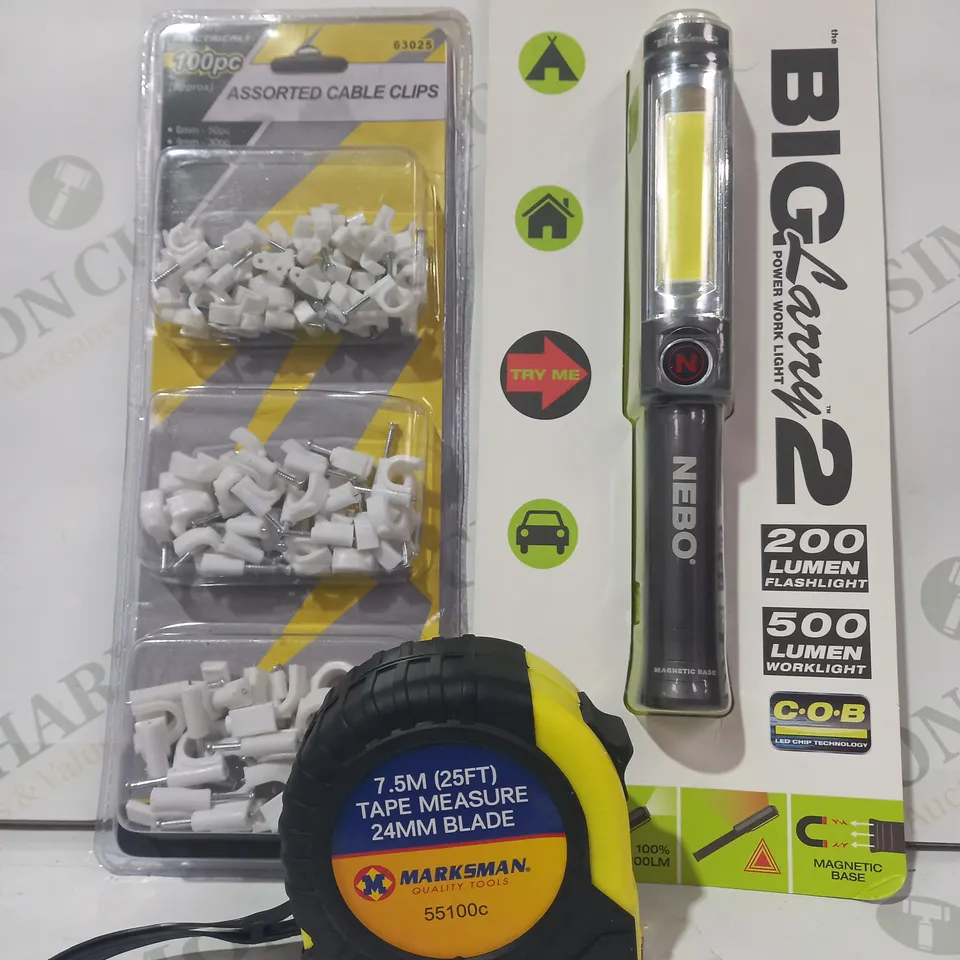 LOT OF APPROXIMATELY 10 ASSORTED HOUSEHOLD ITEMS TO INCLUDE ASSORTED CABLE CLIPS, NEBO WORK LIGHT, TAPE MEASURE, ETC