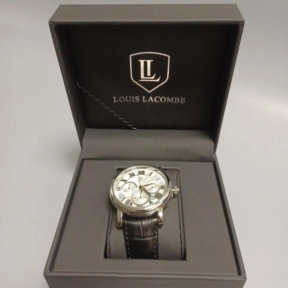 MENS LOUIS LACOMBE CHRONOGRAPH WATCH – MULTI FUNCTION DIAL WITH DATE – ROMAN NUMERAL DIAL – LEATHER STRAP