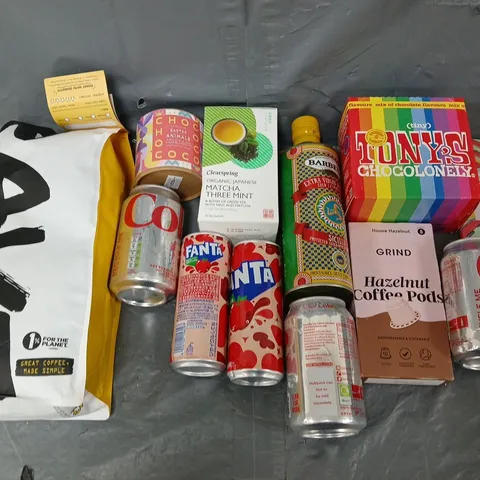 APPROXIMATELY 8 ASSORTED FOOD & DRINK ITEMS TO INCLUDE - RAVE COFFEE, TONEYS MINI CHOCOLATE, AND FANTA ETC. 