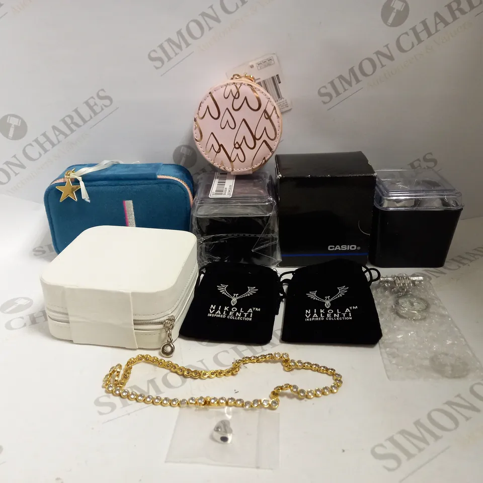 LOT TO CONTAIN APPROXIMATELY 30 ASSORTED JEWELLERY & WATCHES, INCLUDES NECKLACES, WATCHES & JEWELLERY BOXES