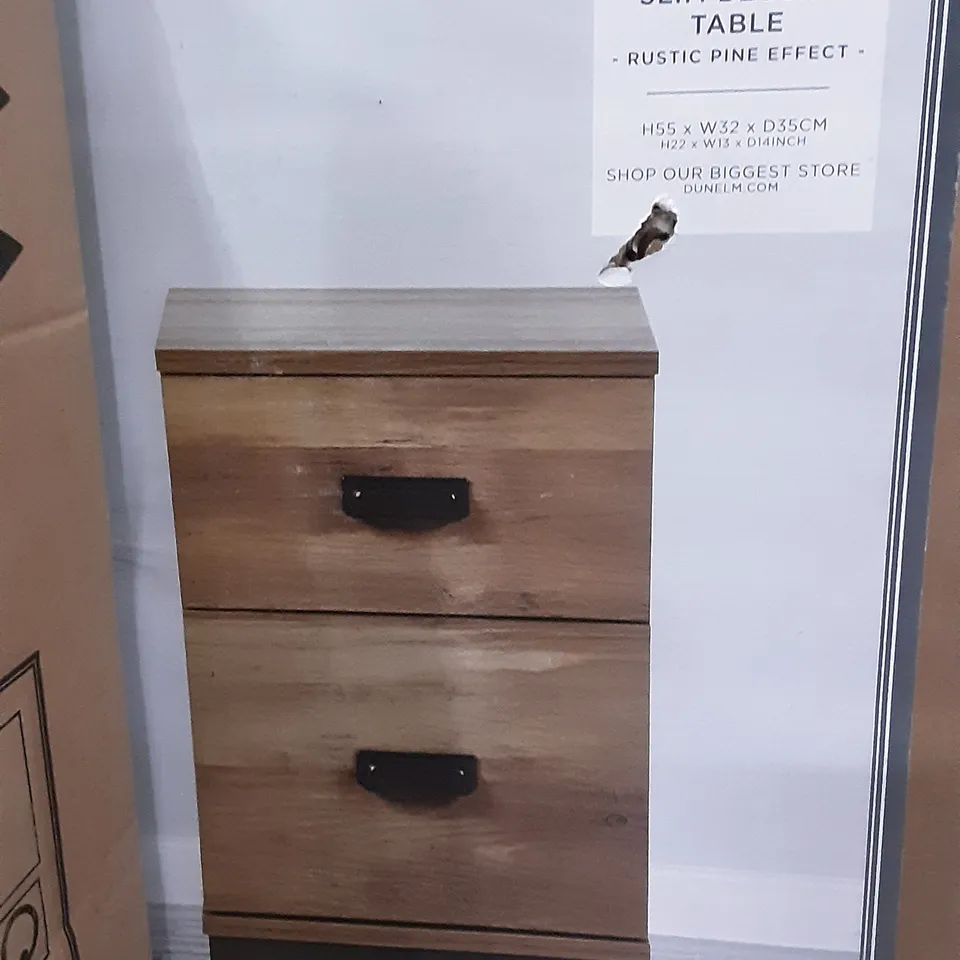 BOXED FULTON SLIM BEDSIDE TABLE IN RUSTIC PINE EFFECT , H55 X W32 X D35CM 