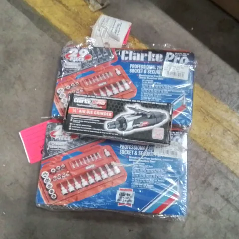 BOX OF ASSORTED ITEMS TO INCLUDE;CLARKE AIR DIE GRINDER,29PC TORX AND SOCKET SET X2