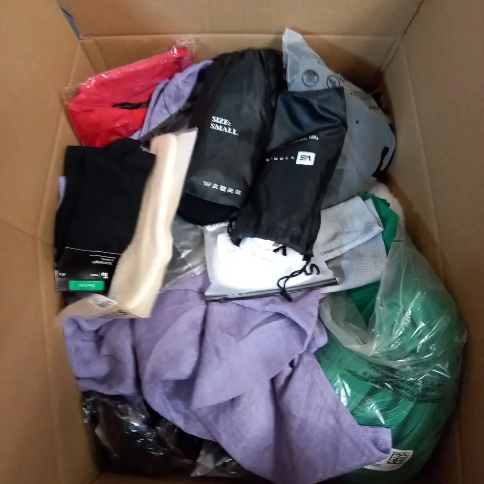  BOX OF ASSORTED CLOTHING ITEMS TOO INCLUDE DRESSES , SHIRTS AND TROUSERS IN VARIOUS SIZES AND COLOURS   