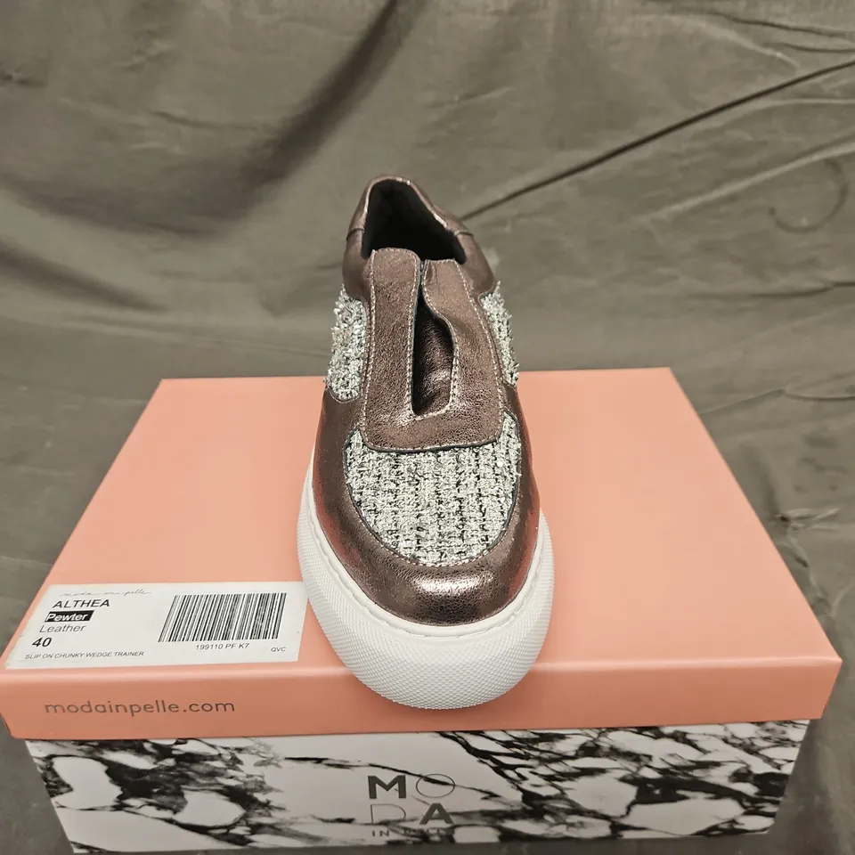 BOXED PAIR OF MODA IN PELLE PEWTER SLIP ON CHUNKY WEDGE TRAINERS - UK SIZE 40