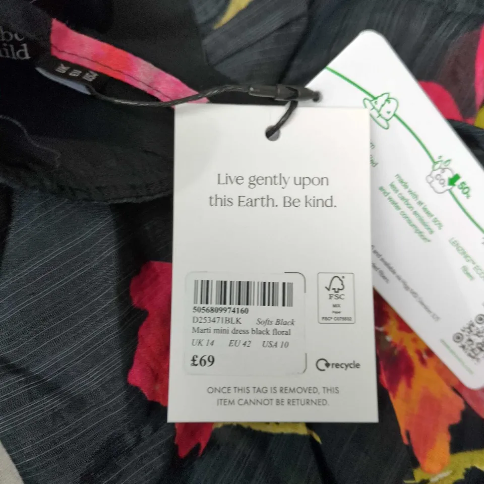 NOBODY'S CHILD MARTI MINI DRESS IN BLACK FLORAL PRINT – UK 14