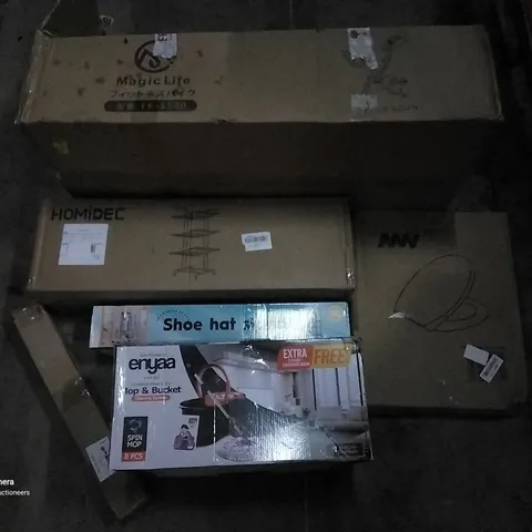 PALLET OF ASSORTED ITEMS INCLUDING MAGIC LIFE EXERCISE BIKE, HOMIDEC DRYING RACK, SHOE HAT STAND, ENYAA MOP & BUCKET, TOILET SEAT, ACCSTORE NON-WOVEN FABRIC WARDROBE