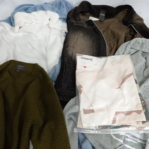 LARGE BOX OF ASSORTED CLOTHING ITEMS IN VARIOUS COLOURS AND SIZES INCLUDING TROUSERS , TOPS AND JUMPERS