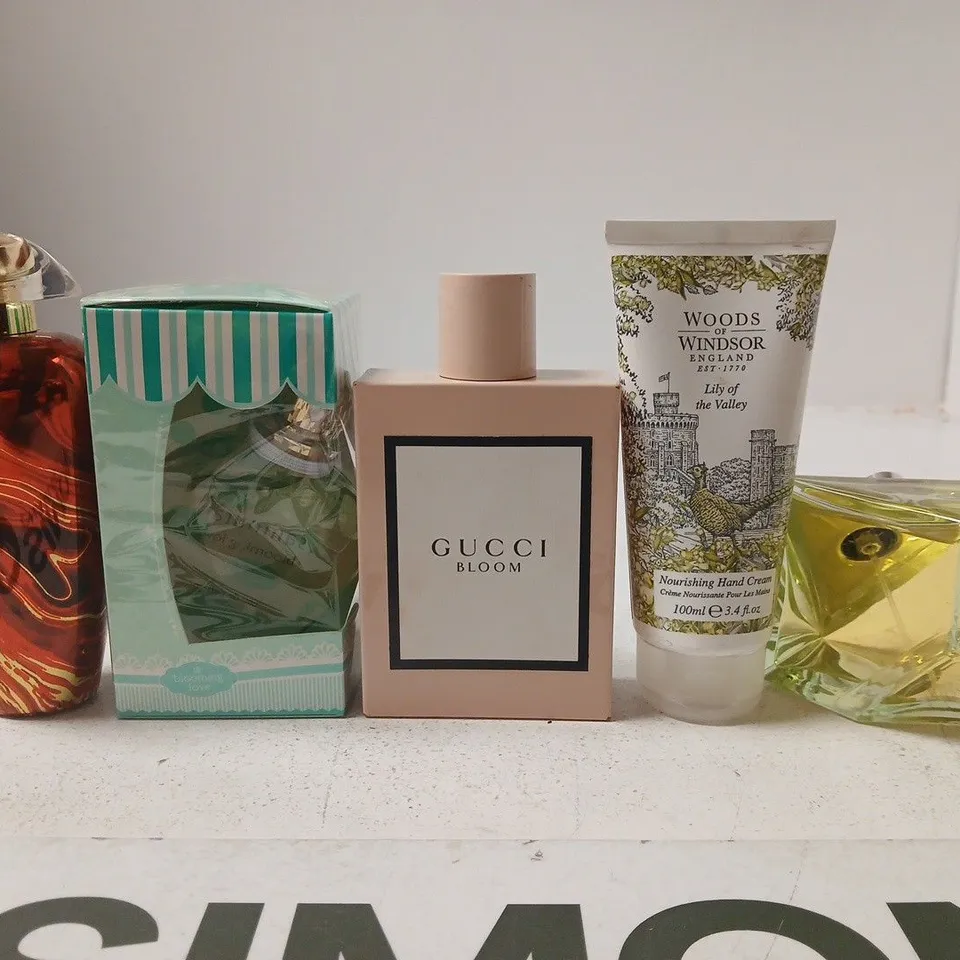 BOX OF APPROX 10 ASSORTED HEALTH AND BEAUTY ITEMS TO INCLUDE GUCCI BLOOM , ASSORTED PERFUMES AND HAND CREAMS