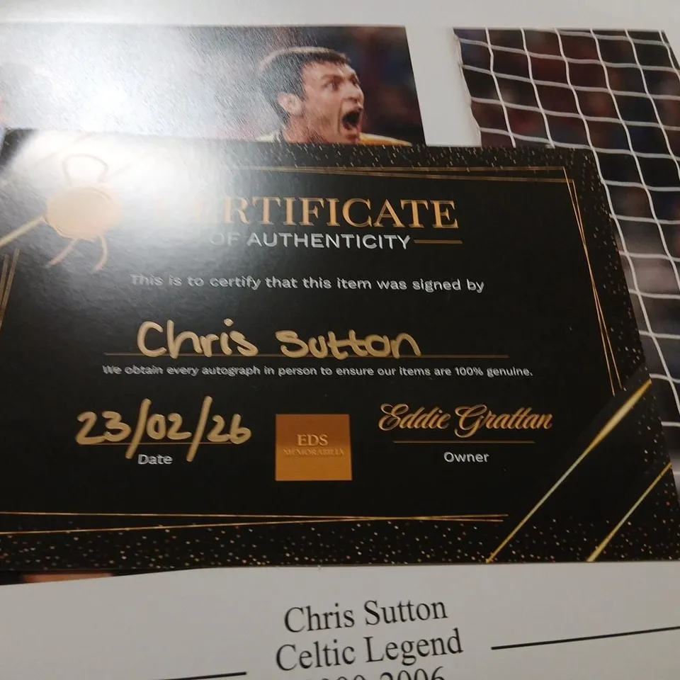 SIX ASSORTED AUTOGRAPHED PHOTOS/PICTURES TO INCLUDE; PETER CUSHING, JEREMY FRIMPONG, MICHAEL CONLON, CHRIS SUTTON, JACK NICKLAUS AND GIULIA