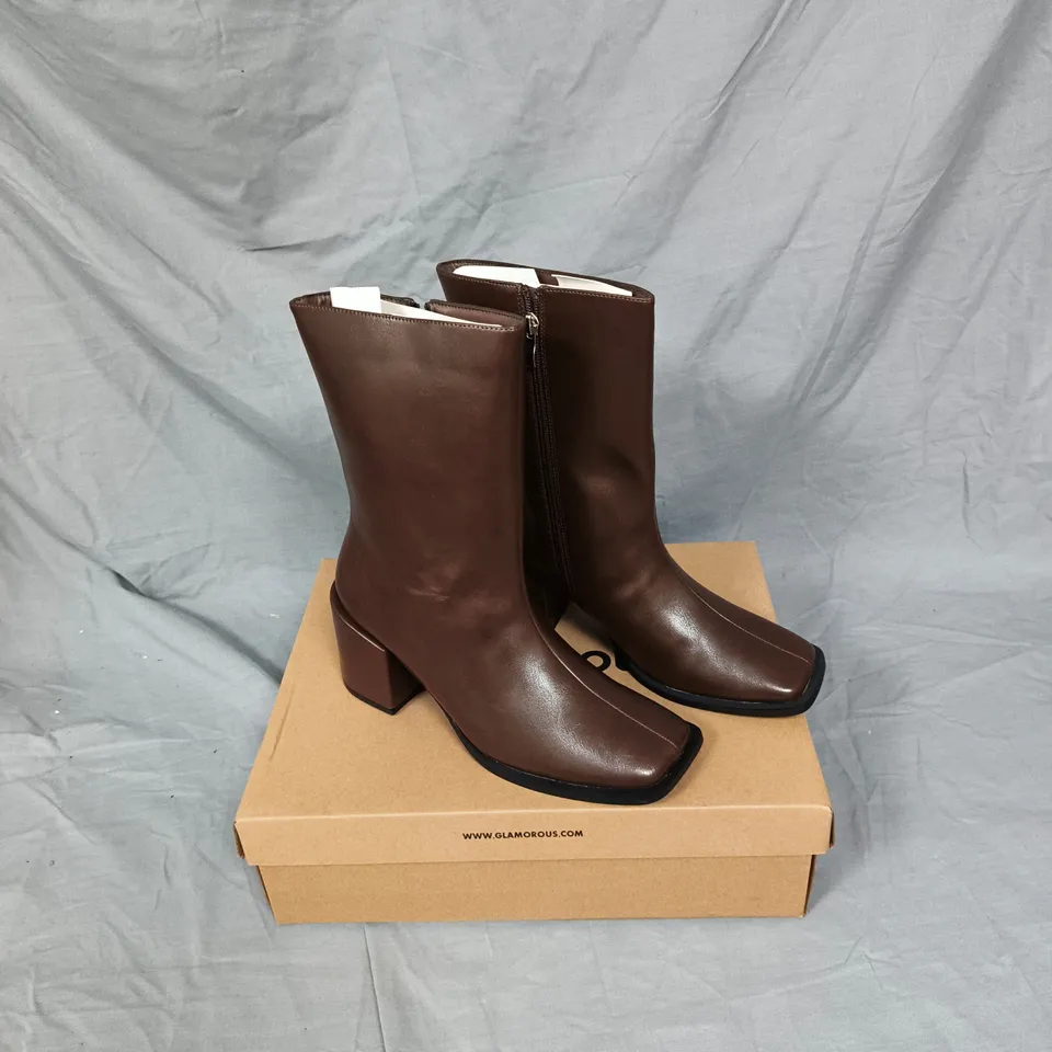 GLAMOROUS BROWN LEATHER ANKLE BOOTS - SQUARE TOE, BLOCK HEEL - BOXED - UK SIZE 6