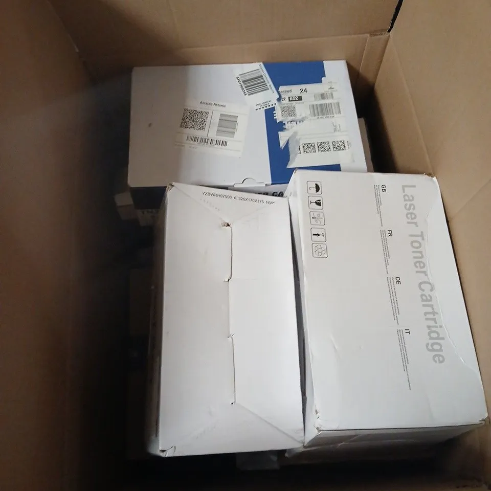 BOX OF APPROXIMATELY 8 ASSORTED PRINTER RELATED ITEMS TO INCLUDE LASER TONER CARTRIDGES, LCL DRUM UNITE ETC